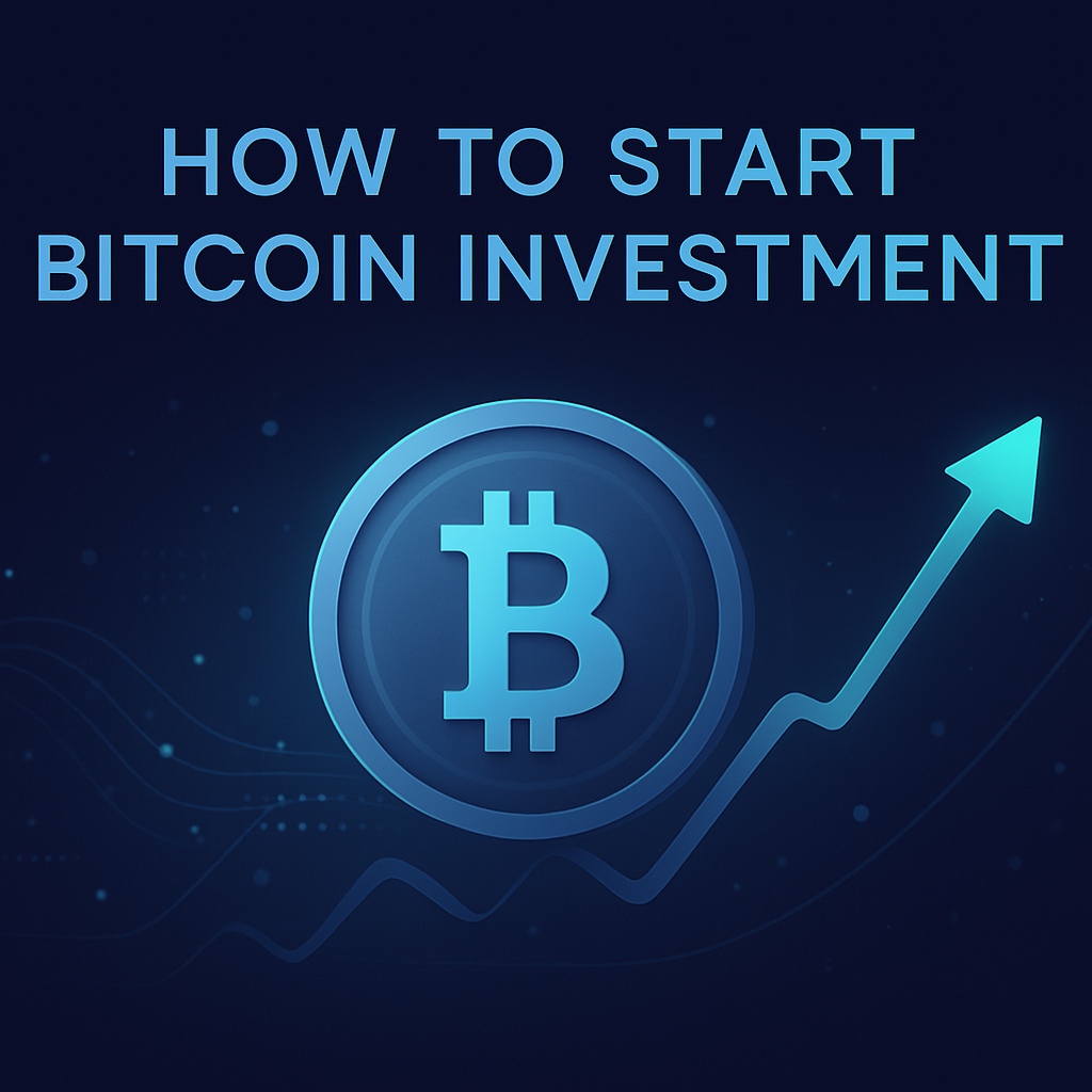 ビットコイン投資の始め方を表すアイキャッチ画像。デジタル通貨のアイコンと成長を示すグラフが描かれています。
